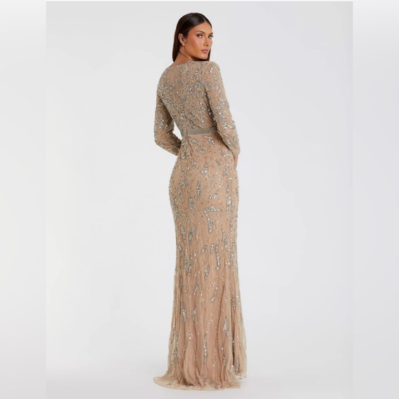 Mac Duggal - Beige Beaded Long Sleeve Evening Gown - Picture 2 of 11